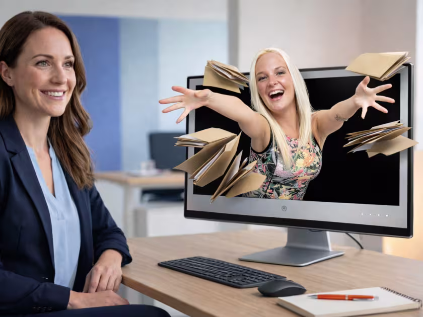 HR-Mitarbeiterin verwaltet digitale Personalakte mit HRTime – Dokumentenablage, Kategorien und Volltextsuche am Laptop