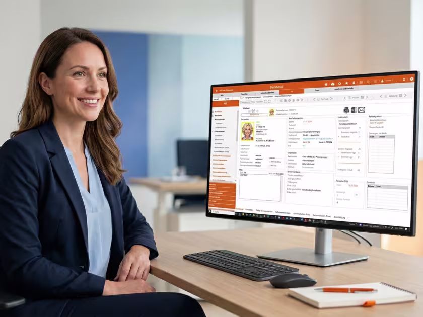 HR-Mitarbeiterin arbeitet mit HRTime digitaler Personalmanagement Software am Laptop – Stammdatenpflege und Onboarding