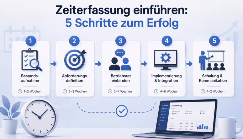 Zeiterfassung einführen 5 Schritte Arbeitgeber rechtssicher 2026 Checkliste Zeiterfassung einführen 5 Schritte Arbeitgeber rechtssicher 2026 Checkliste
