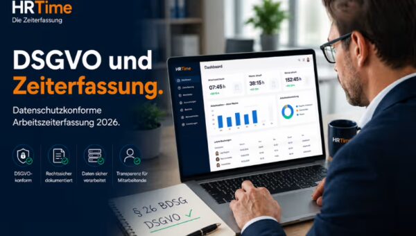 DSGVO Zeiterfassung Datenschutz Arbeitgeber und digitale Arbeitszeiterfassung am Laptop