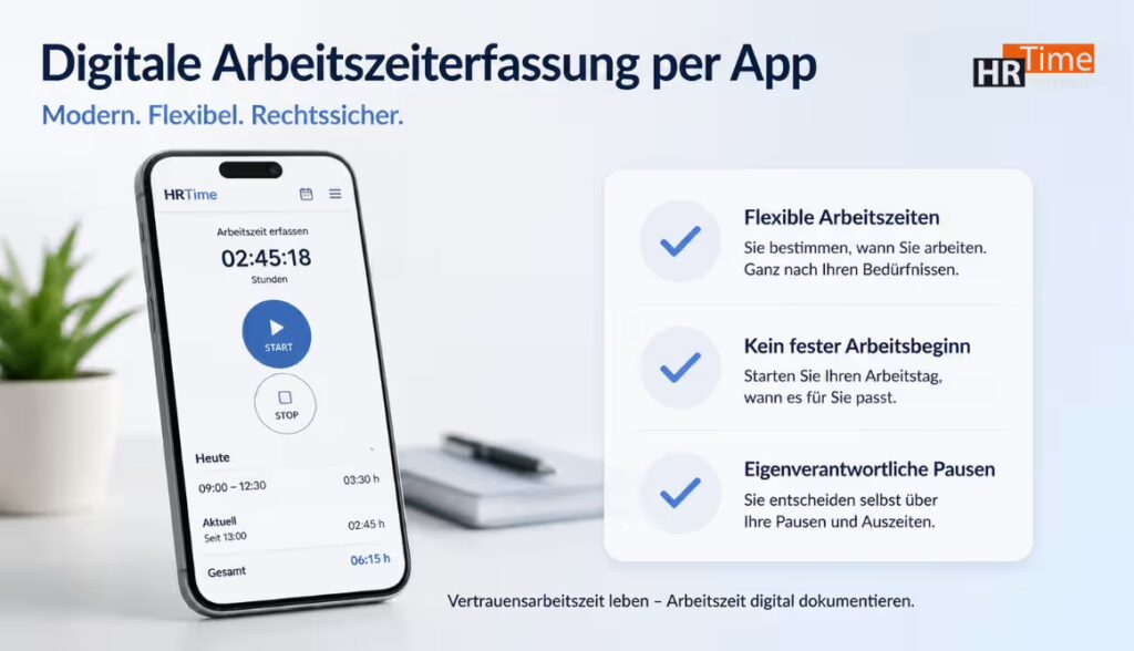 Digitale Arbeitszeiterfassung per App – moderne Lösung für Vertrauensarbeitszeit Digitale Arbeitszeiterfassung per App – moderne Lösung für Vertrauensarbeitszeit