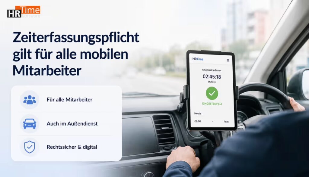 Außendienstmitarbeiter im Fahrzeug erfasst Arbeitszeit digital auf Tablet Außendienstmitarbeiter im Fahrzeug erfasst Arbeitszeit digital auf Tablet