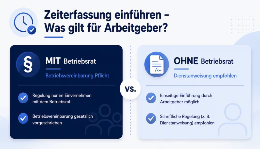 Zeiterfassung einführen ohne Betriebsrat Arbeitgeber Regelung Pflichten KMU Zeiterfassung einführen ohne Betriebsrat Arbeitgeber Regelung Pflichten KMU